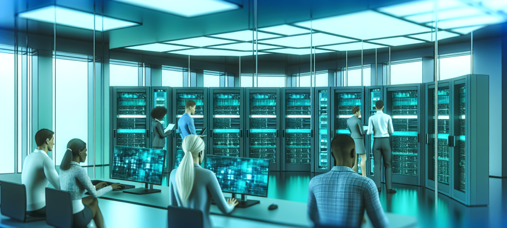 curso-redes-computadores-sala-controle.webp Profissionais analisando dados em sala de controle de redes de computadores, iluminada em azul e verde.
