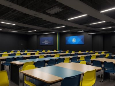 Sala de aula iluminada com alunos participando de debate sobre direitos humanos, cercados por cartazes da Declaração Universal dos Direitos Humanos.