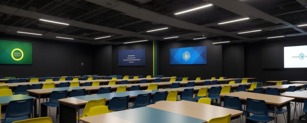 Sala de aula iluminada com alunos participando de debate sobre direitos humanos, cercados por cartazes da Declaração Universal dos Direitos Humanos.