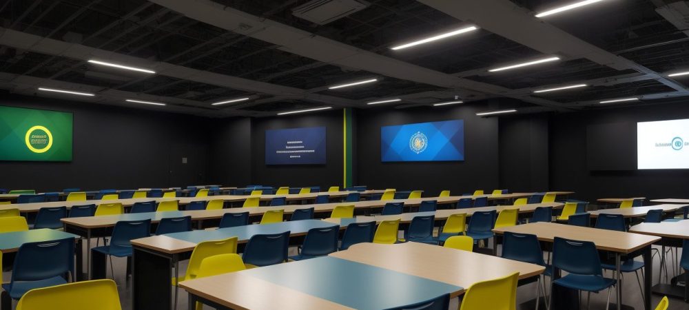 Sala de aula iluminada com alunos participando de debate sobre direitos humanos, cercados por cartazes da Declaração Universal dos Direitos Humanos.