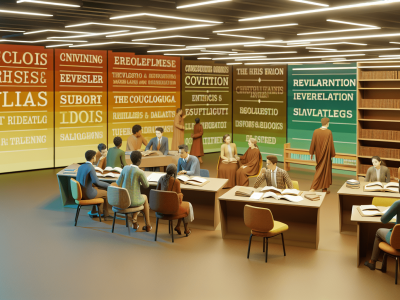 Estudantes em sala de aula discutem fundamentos teológicos com livros e painéis interativos.