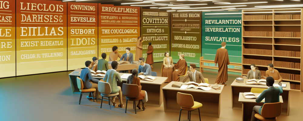 Estudantes em sala de aula discutem fundamentos teológicos com livros e painéis interativos.