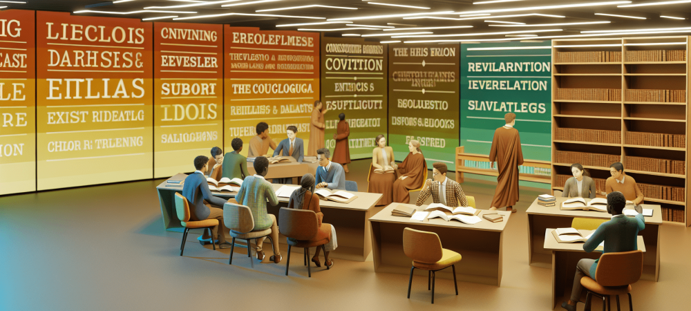 Estudantes em sala de aula discutem fundamentos teológicos com livros e painéis interativos.