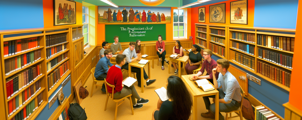 Estudantes em sala de aula iluminada participando de debate sobre teologia protestante e ética, cercados por livros e recursos sobre reforma protestante.