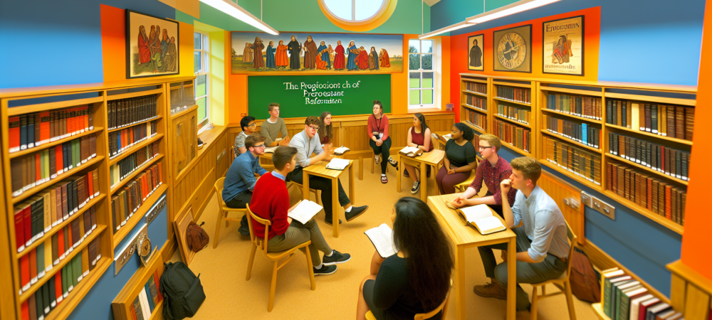 Estudantes em sala de aula iluminada participando de debate sobre teologia protestante e ética, cercados por livros e recursos sobre reforma protestante.