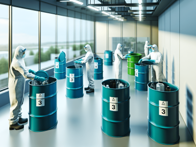 Profissionais em laboratório moderno descartando resíduos em bombonas rotuladas, com foco em sustentabilidade e segurança.