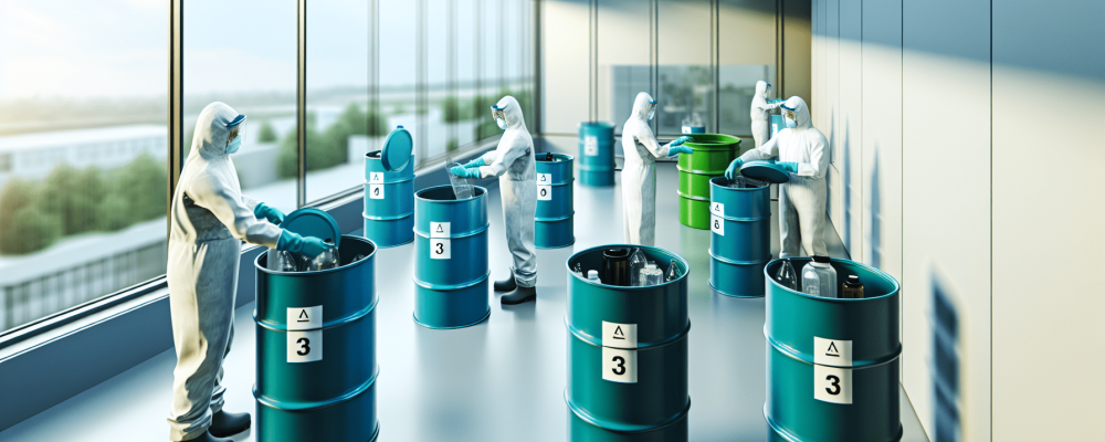 Profissionais em laboratório moderno descartando resíduos em bombonas rotuladas, com foco em sustentabilidade e segurança.