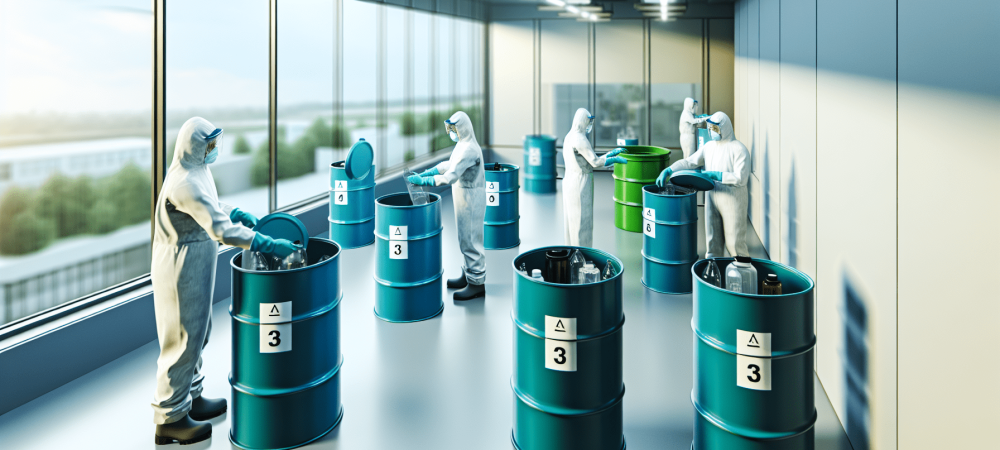 Profissionais em laboratório moderno descartando resíduos em bombonas rotuladas, com foco em sustentabilidade e segurança.