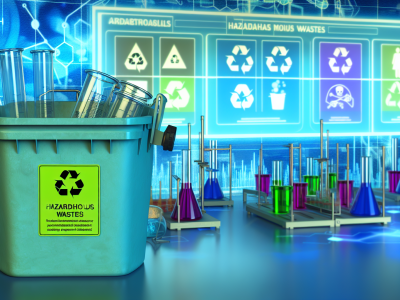 Laboratório moderno com frascos coloridos e equipamento focando em balde de descarte rotulado como 'Resíduos Perigosos'.