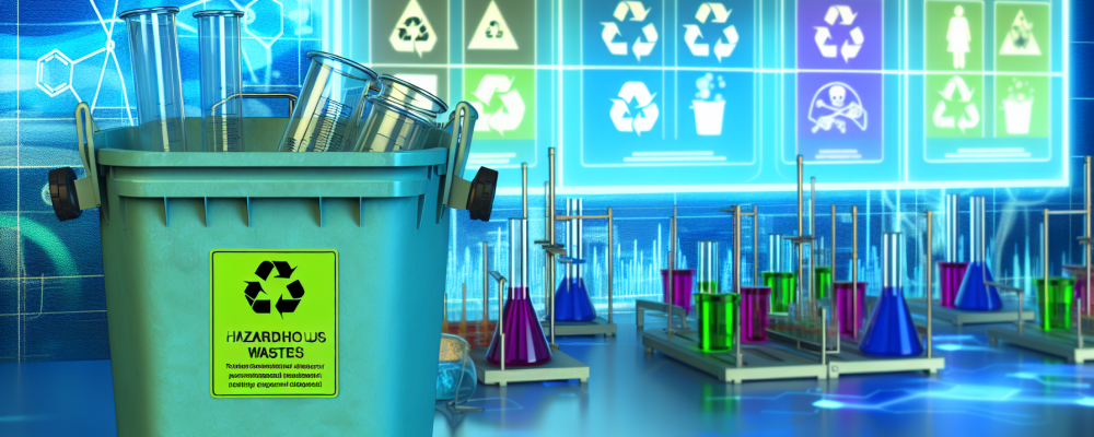 Laboratório moderno com frascos coloridos e equipamento focando em balde de descarte rotulado como 'Resíduos Perigosos'.