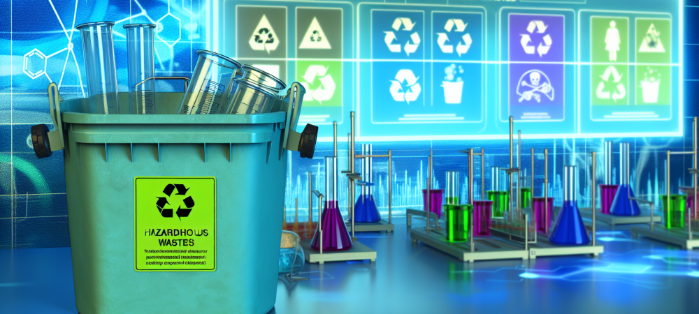 Laboratório moderno com frascos coloridos e equipamento focando em balde de descarte rotulado como 'Resíduos Perigosos'.