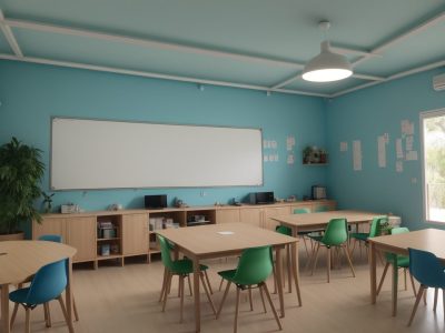 Um líder educacional interagindo com alunos em uma sala de aula moderna, criando um ambiente colaborativo e inspirador.