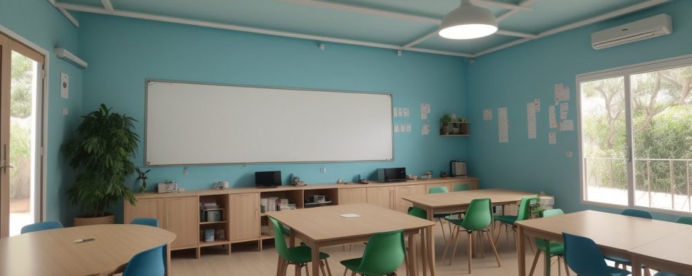 Um líder educacional interagindo com alunos em uma sala de aula moderna, criando um ambiente colaborativo e inspirador.