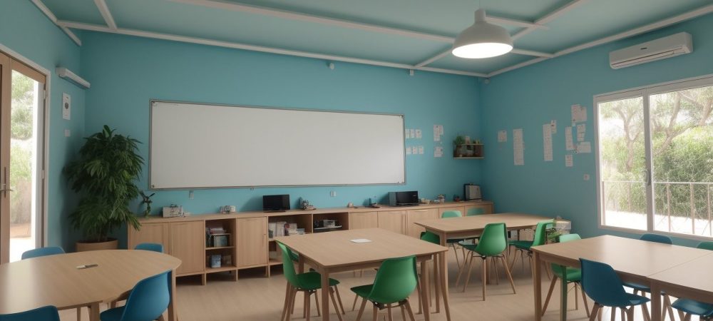 Um líder educacional interagindo com alunos em uma sala de aula moderna, criando um ambiente colaborativo e inspirador.