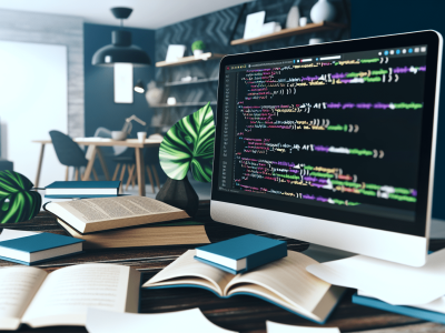 Tela de computador com HTML e CSS em destaque, livros de desenvolvimento web ao redor. Ambiente moderno com planta e café, evocando criatividade.