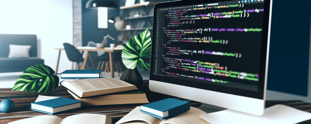 Tela de computador com HTML e CSS em destaque, livros de desenvolvimento web ao redor. Ambiente moderno com planta e café, evocando criatividade.