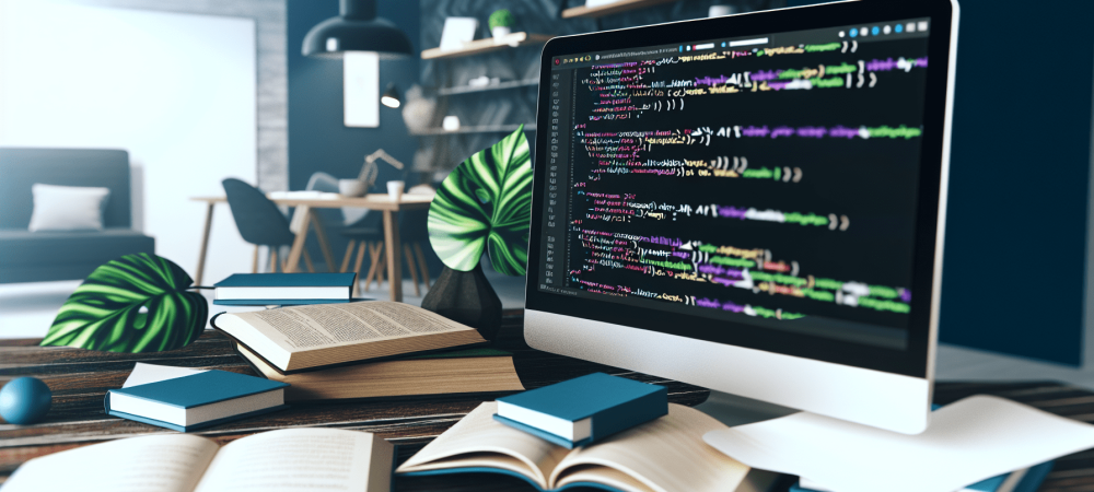 Tela de computador com HTML e CSS em destaque, livros de desenvolvimento web ao redor. Ambiente moderno com planta e café, evocando criatividade.