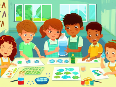 Crianças em sala de aula realizando atividades lúdicas sobre o Dia Mundial da Água com experimentos e artes