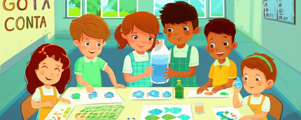 Crianças em sala de aula realizando atividades lúdicas sobre o Dia Mundial da Água com experimentos e artes