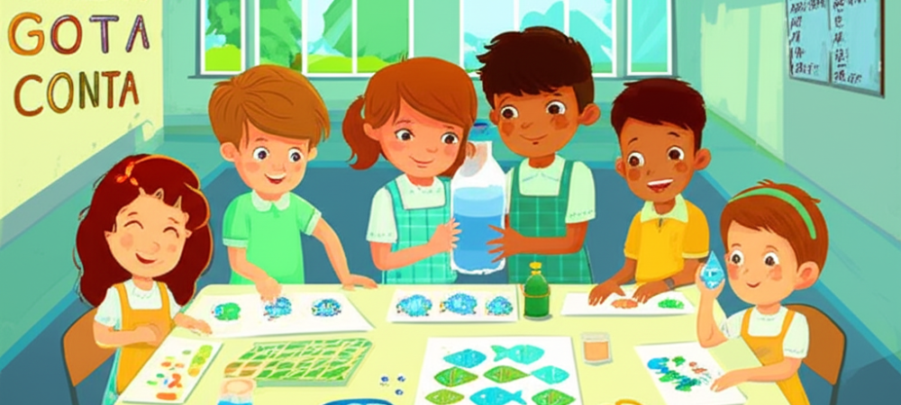 Crianças em sala de aula realizando atividades lúdicas sobre o Dia Mundial da Água com experimentos e artes