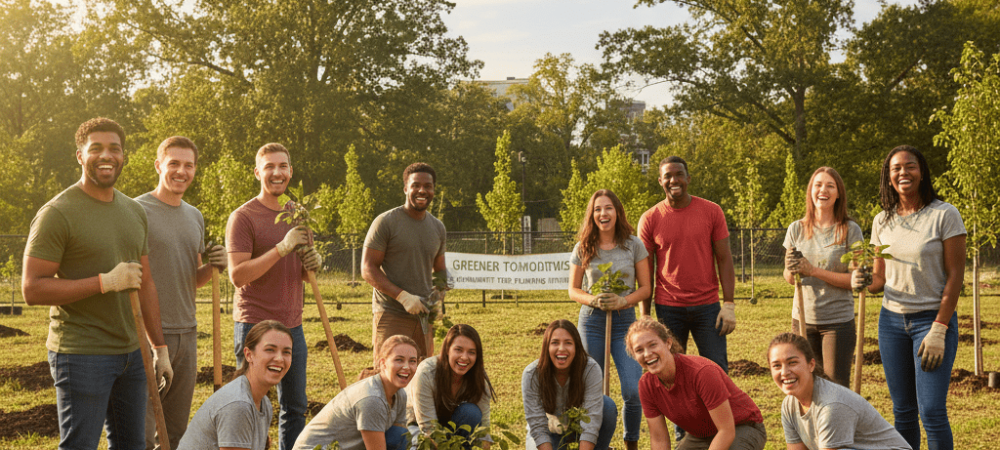 Pessoas participando de um evento de plantio de árvores no Dia da Terra