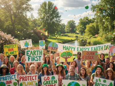 Comemoração do Dia da Terra com pessoas segurando cartazes em defesa do meio ambiente.