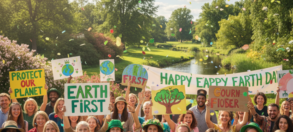 Comemoração do Dia da Terra com pessoas segurando cartazes em defesa do meio ambiente.