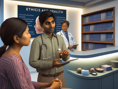 Médico e paciente discutem dilemas éticos em um consultório iluminado e acolhedor com livros sobre ética ao fundo.