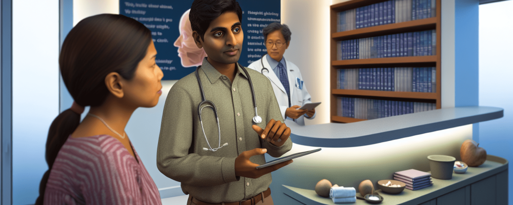 Médico e paciente discutem dilemas éticos em um consultório iluminado e acolhedor com livros sobre ética ao fundo.