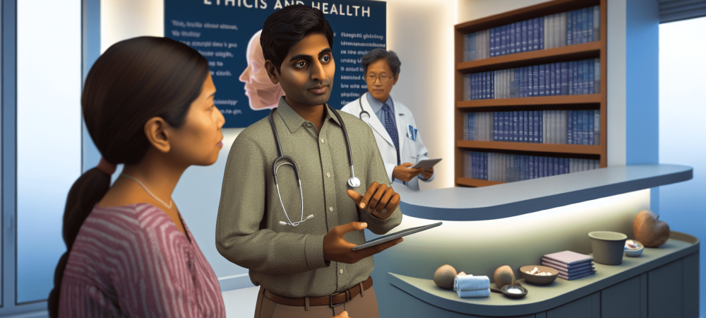 Médico e paciente discutem dilemas éticos em um consultório iluminado e acolhedor com livros sobre ética ao fundo.