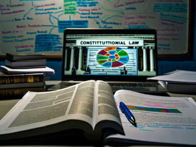 Mesa de estudo com livros de direito constitucional abertos, esquemas visuais e laptop com mapa mental colorido, destacando organização e concentração.