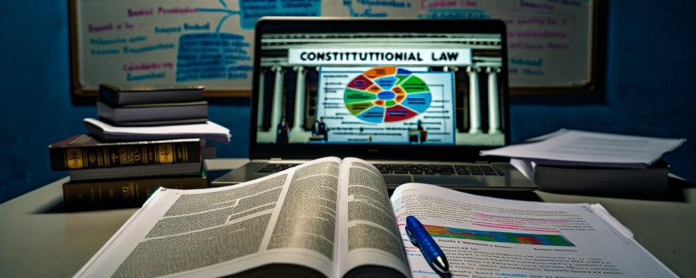 Mesa de estudo com livros de direito constitucional abertos, esquemas visuais e laptop com mapa mental colorido, destacando organização e concentração.
