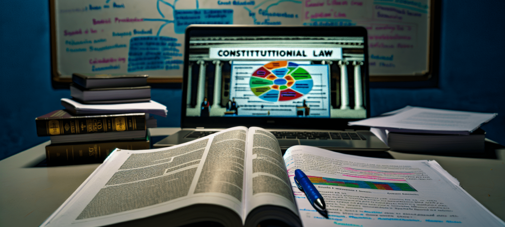 Mesa de estudo com livros de direito constitucional abertos, esquemas visuais e laptop com mapa mental colorido, destacando organização e concentração.