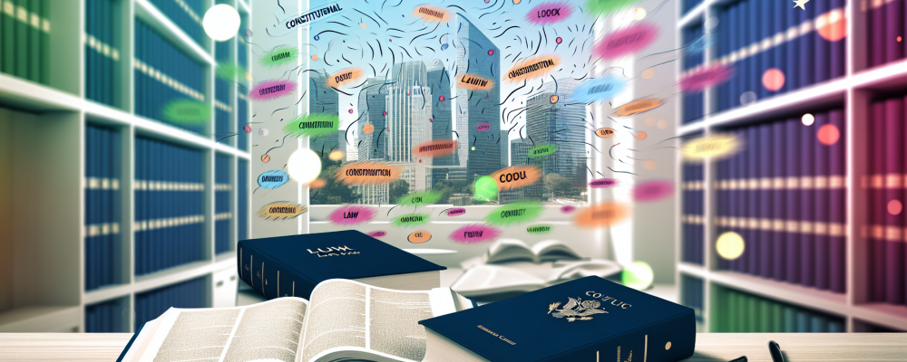 Mesa de estudo com livros de direito constitucional e mapa mental colorido, simbolizando oportunidades no serviço público.