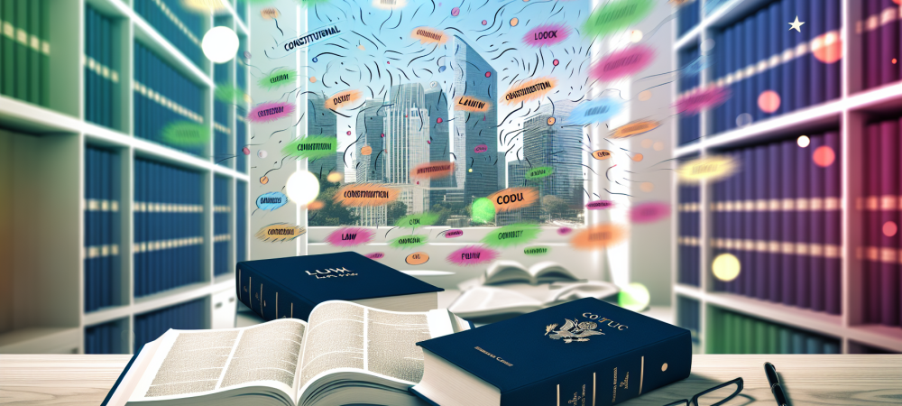 Mesa de estudo com livros de direito constitucional e mapa mental colorido, simbolizando oportunidades no serviço público.