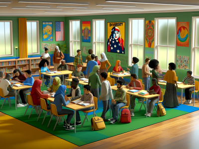 Sala de aula inclusiva com cartazes sobre direitos educacionais, alunos de diferentes etnias e materiais didáticos.