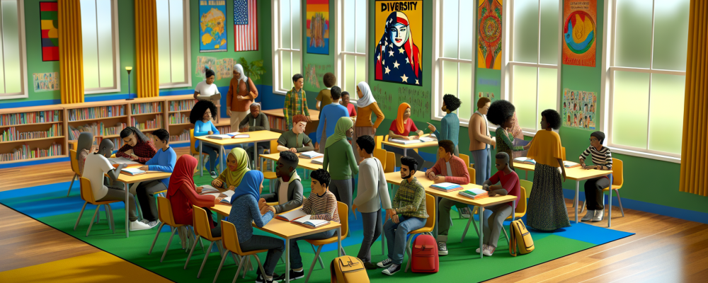 Sala de aula inclusiva com cartazes sobre direitos educacionais, alunos de diferentes etnias e materiais didáticos.