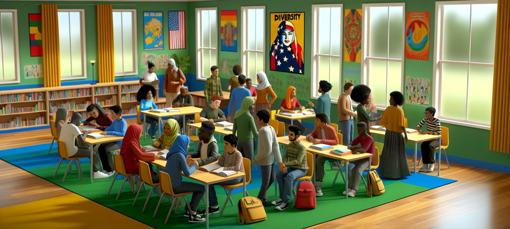 Sala de aula inclusiva com cartazes sobre direitos educacionais, alunos de diferentes etnias e materiais didáticos.