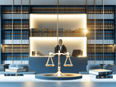 Tribunal moderno e organizado com juiz e livros jurídicos, destacando direito processual civil sob luz natural.