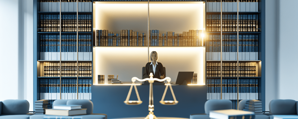 Tribunal moderno e organizado com juiz e livros jurídicos, destacando direito processual civil sob luz natural.