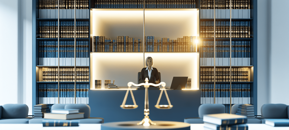 Tribunal moderno e organizado com juiz e livros jurídicos, destacando direito processual civil sob luz natural.