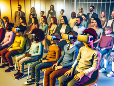 Crianças em ambiente escolar inclusivo usando realidade virtual, com educadores apoiando, em cenário acolhedor e iluminado.