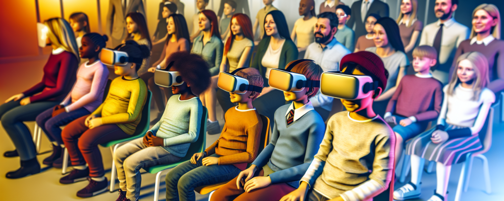 Crianças em ambiente escolar inclusivo usando realidade virtual, com educadores apoiando, em cenário acolhedor e iluminado.