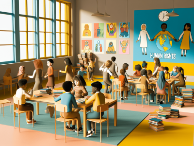 Crianças em sala de aula inclusiva com cartazes de direitos humanos e luz natural.