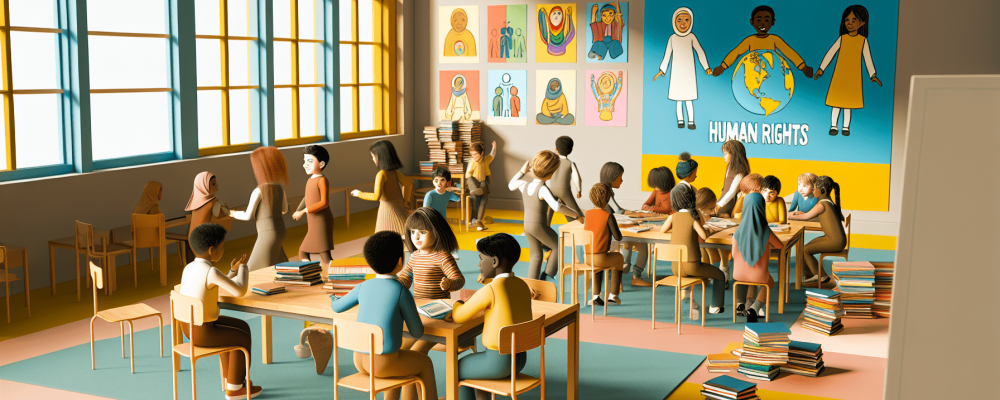 Crianças em sala de aula inclusiva com cartazes de direitos humanos e luz natural.