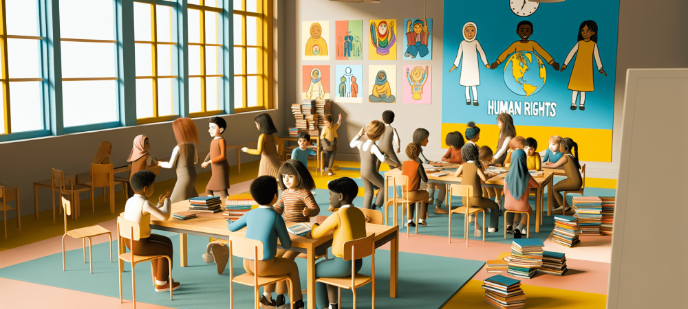 Crianças em sala de aula inclusiva com cartazes de direitos humanos e luz natural.