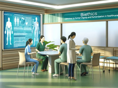 Equipe de saúde discutindo dilemas éticos em hospital, com gráficos de bioética ao fundo, em ambiente colaborativo e acolhedor.