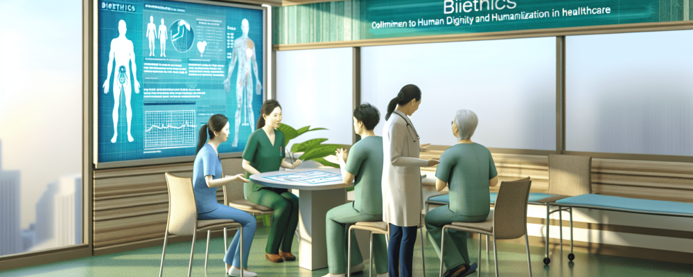Equipe de saúde discutindo dilemas éticos em hospital, com gráficos de bioética ao fundo, em ambiente colaborativo e acolhedor.