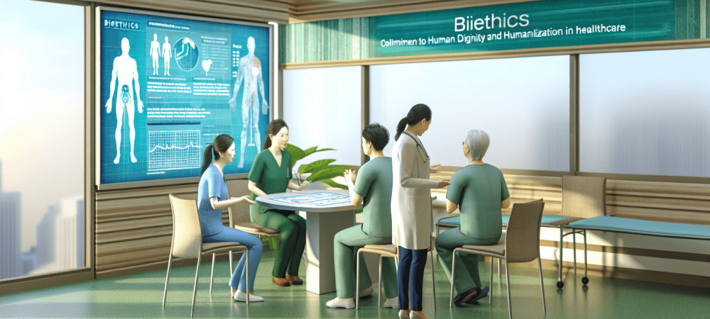 Equipe de saúde discutindo dilemas éticos em hospital, com gráficos de bioética ao fundo, em ambiente colaborativo e acolhedor.