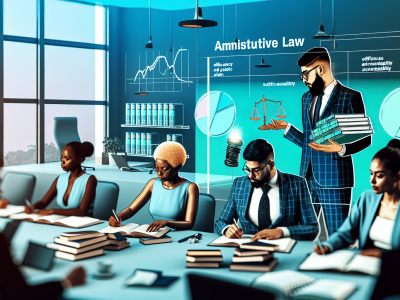 Grupo diverso de profissionais em escritório discutem sobre direito administrativo com lousa e laptops.